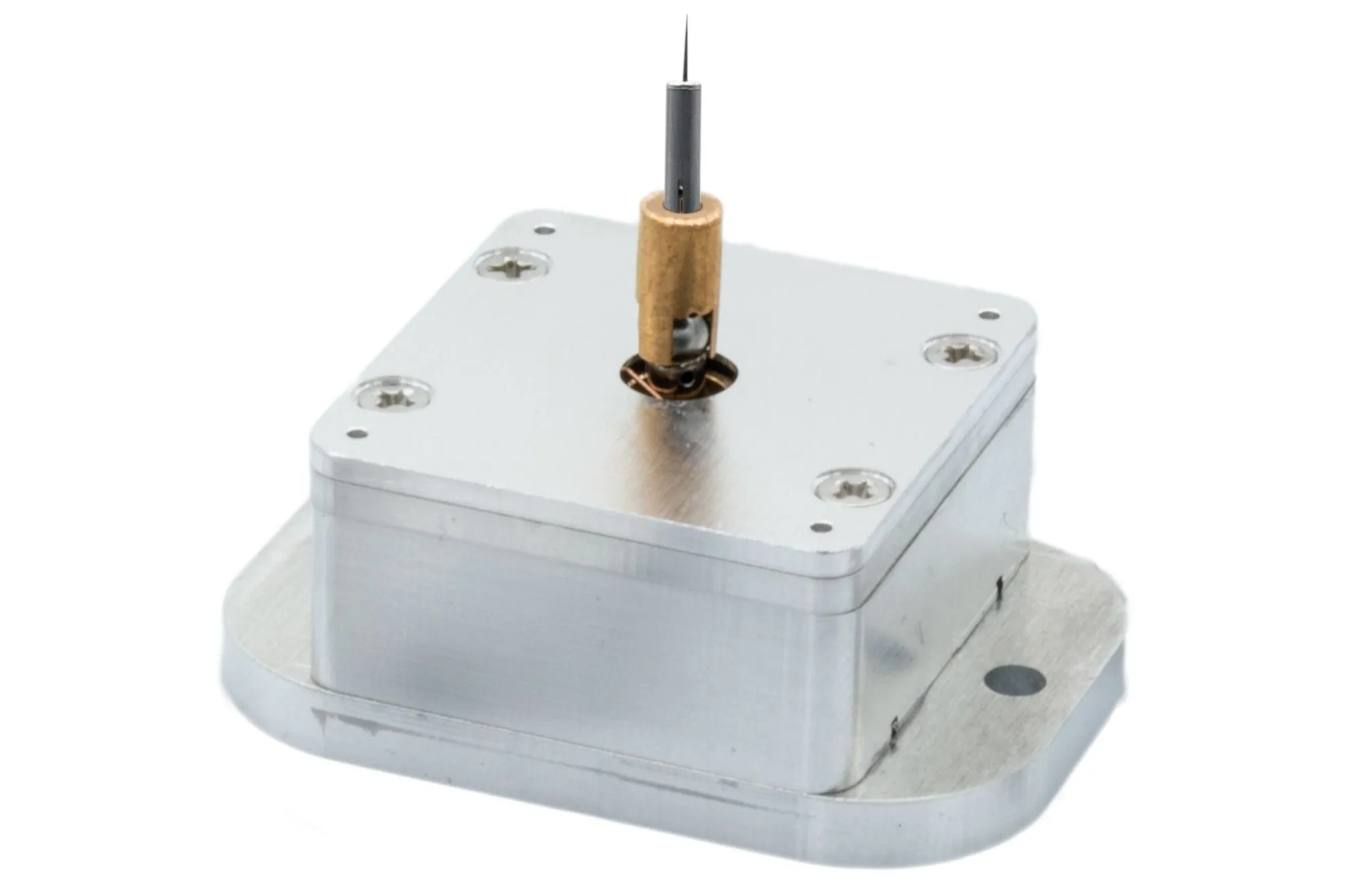 The nanolathe — a machined aluminium rotational-axis unit with a vertical collet at the top holding a fine needle sample upright.