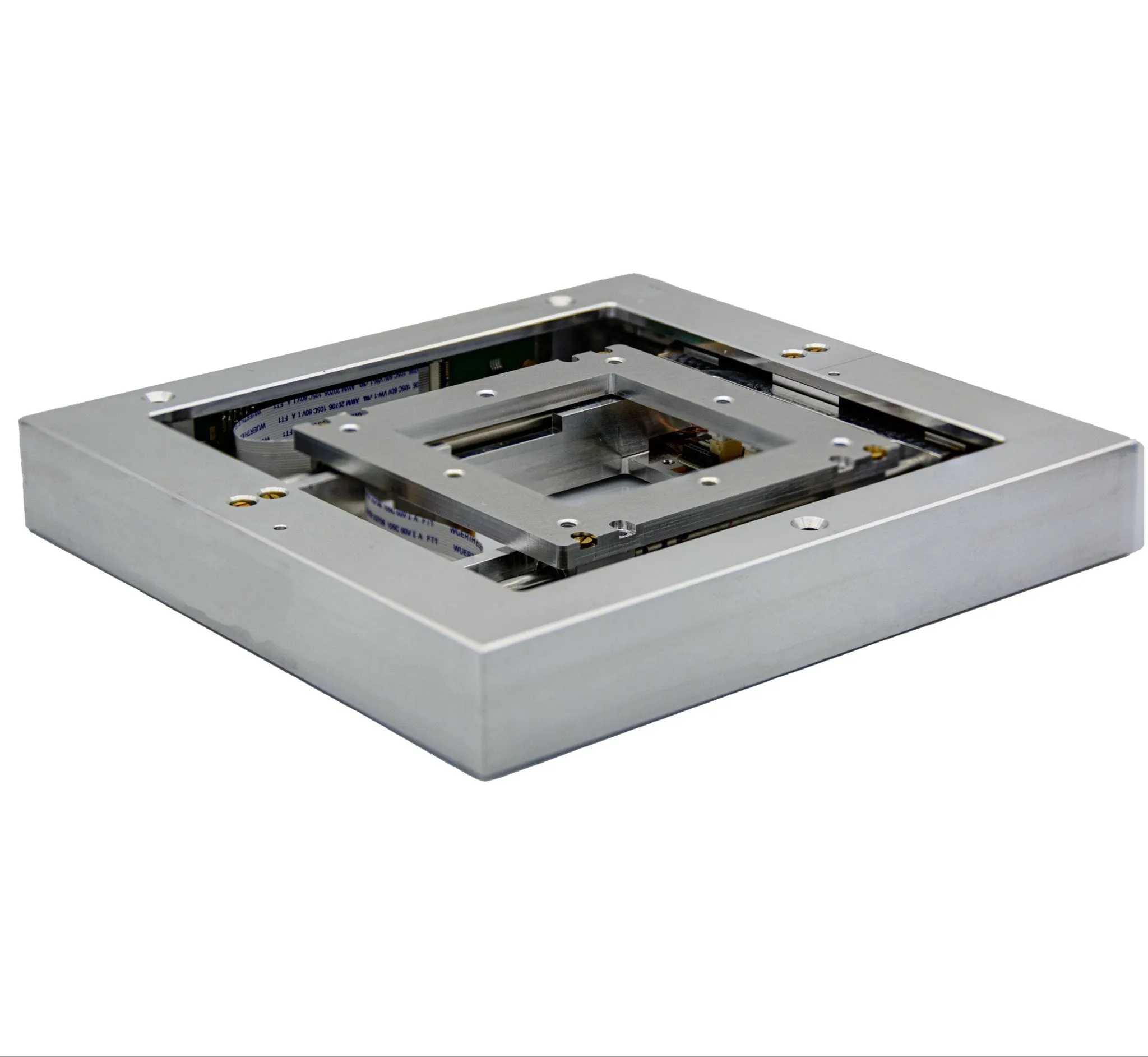 The LT14030 — a large, low-profile brushed-metal linear stage with a nested square XY table at its centre and ribbon-cable wiring.