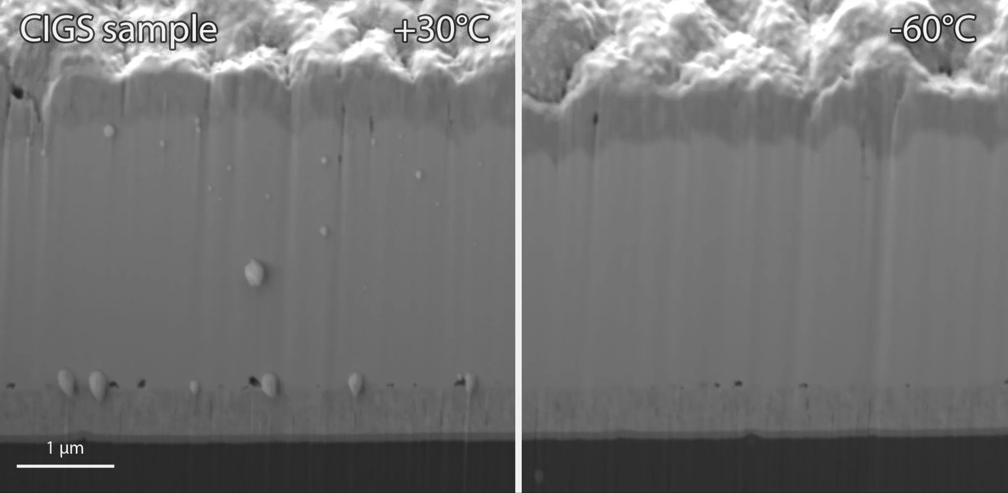 Split SEM cross-section of a CIGS sample imaged at +30 °C and −60 °C, showing surface droplets that disappear at the lower temperature.