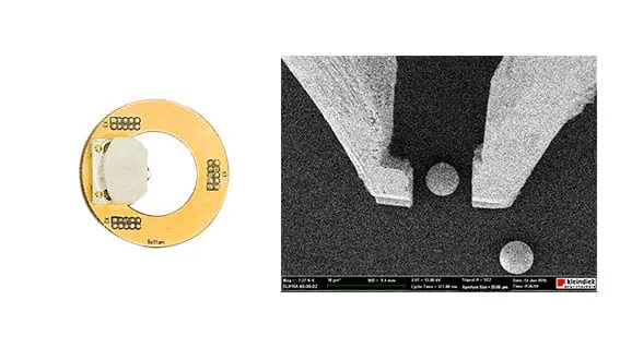 The low-leakage probe plug-in on its flex-circuit disc, next to an SEM micrograph of a microgripper holding two microspheres.