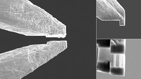 Composite image of a custom-shaped MGS2 jaw tip, with a detail view of its stepped profile and a TEM cross-section of the tip material.