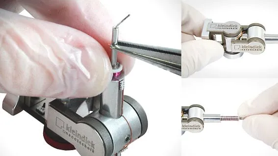 Four-panel sequence of a gloved hand exchanging a probe tip on an MM3A-EM using tweezers.